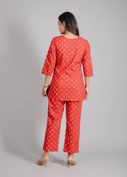 Yellow motifs on Red Cotton Lounge Set for Women