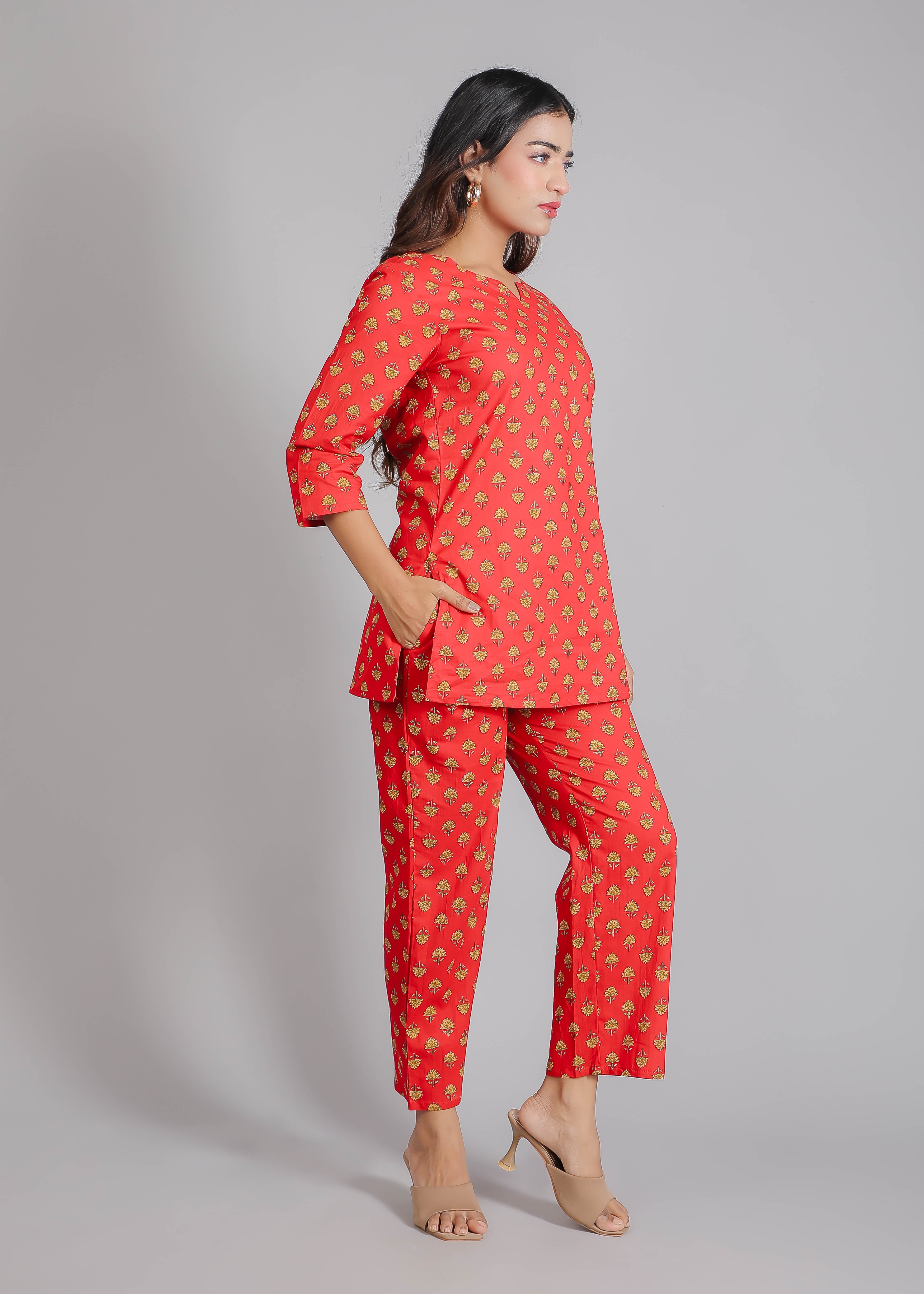 Yellow motifs on Red Cotton Lounge Set for Women