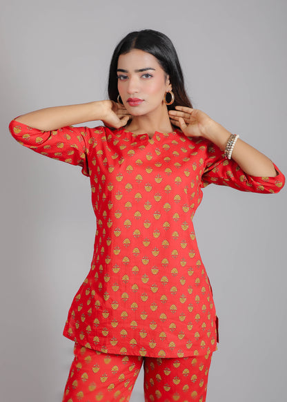 Yellow motifs on Red Cotton Lounge Set for Women