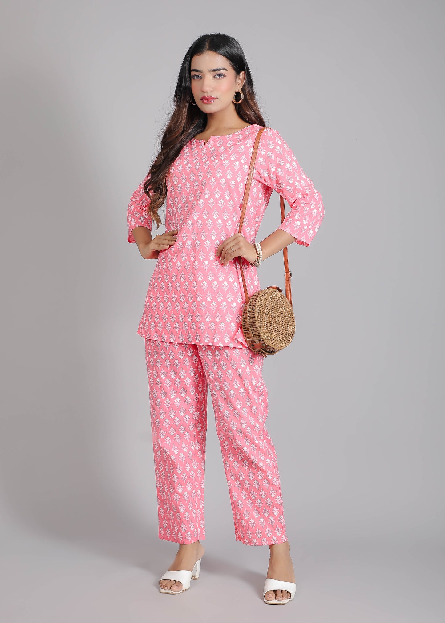 Pink & White Floral Cotton Lounge Set for Women
