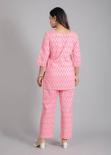 Pink & White Floral Cotton Lounge Set for Women