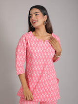 Pink & White Floral Cotton Lounge Set for Women