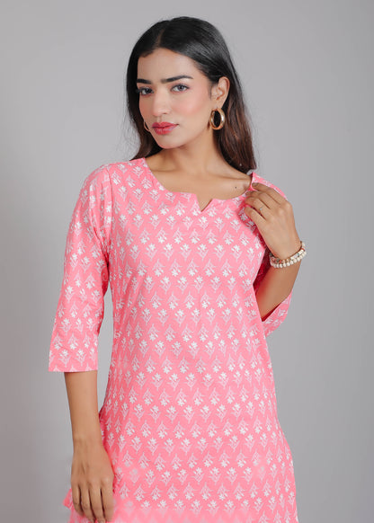 Pink & White Floral Cotton Lounge Set for Women