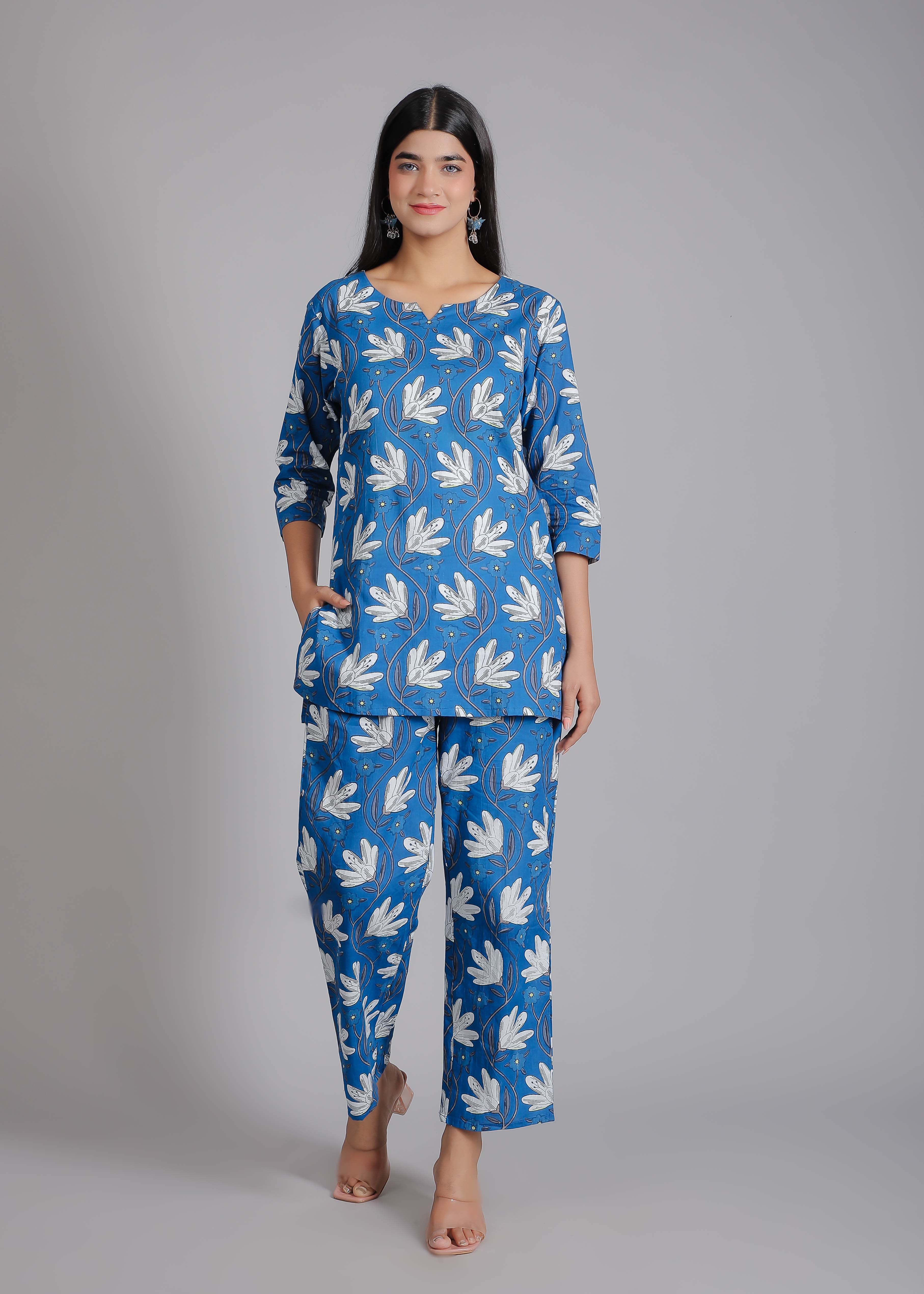 White Floral Motifs on Blue Cotton Lounge Set for Women