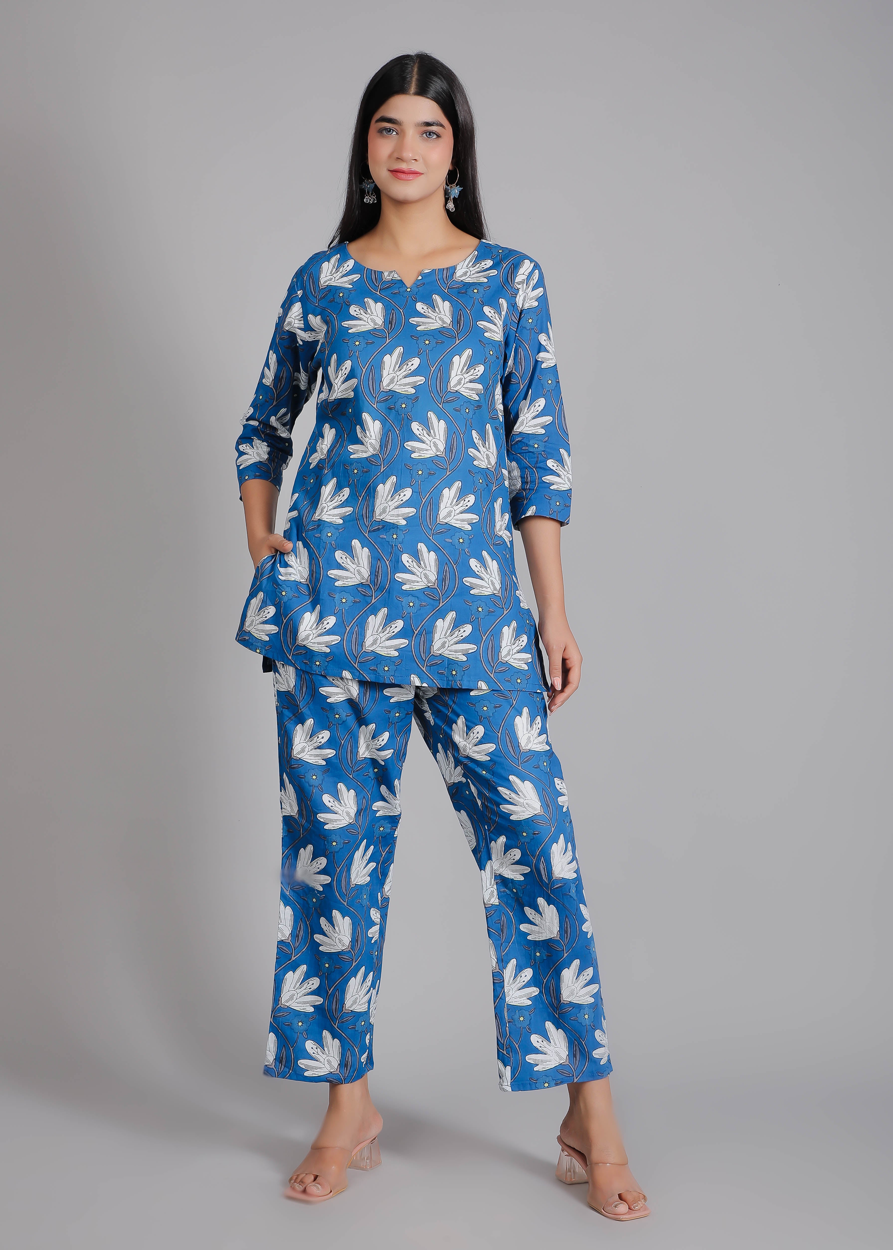 White Floral Motifs on Blue Cotton Lounge Set for Women