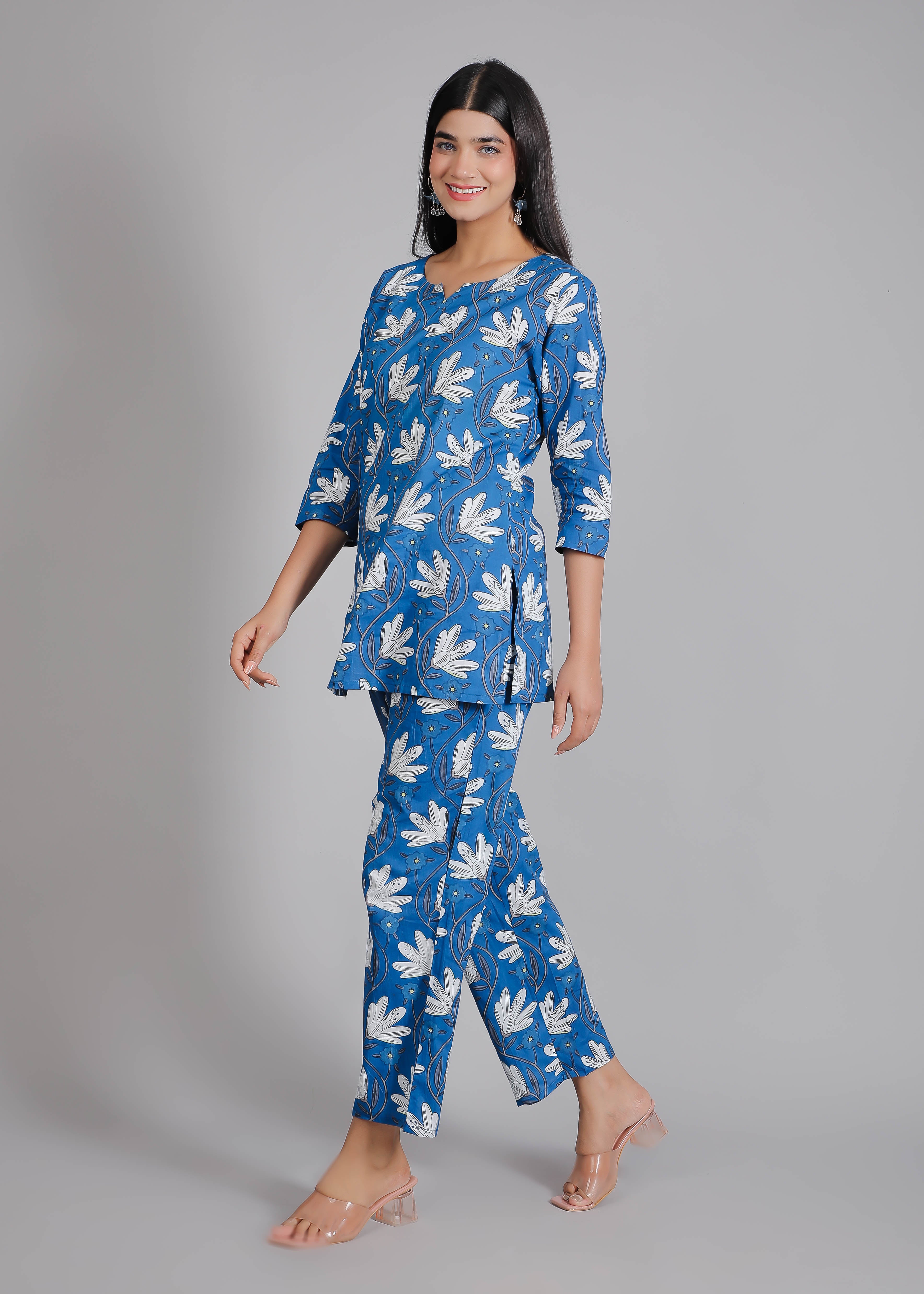White Floral Motifs on Blue Cotton Lounge Set for Women