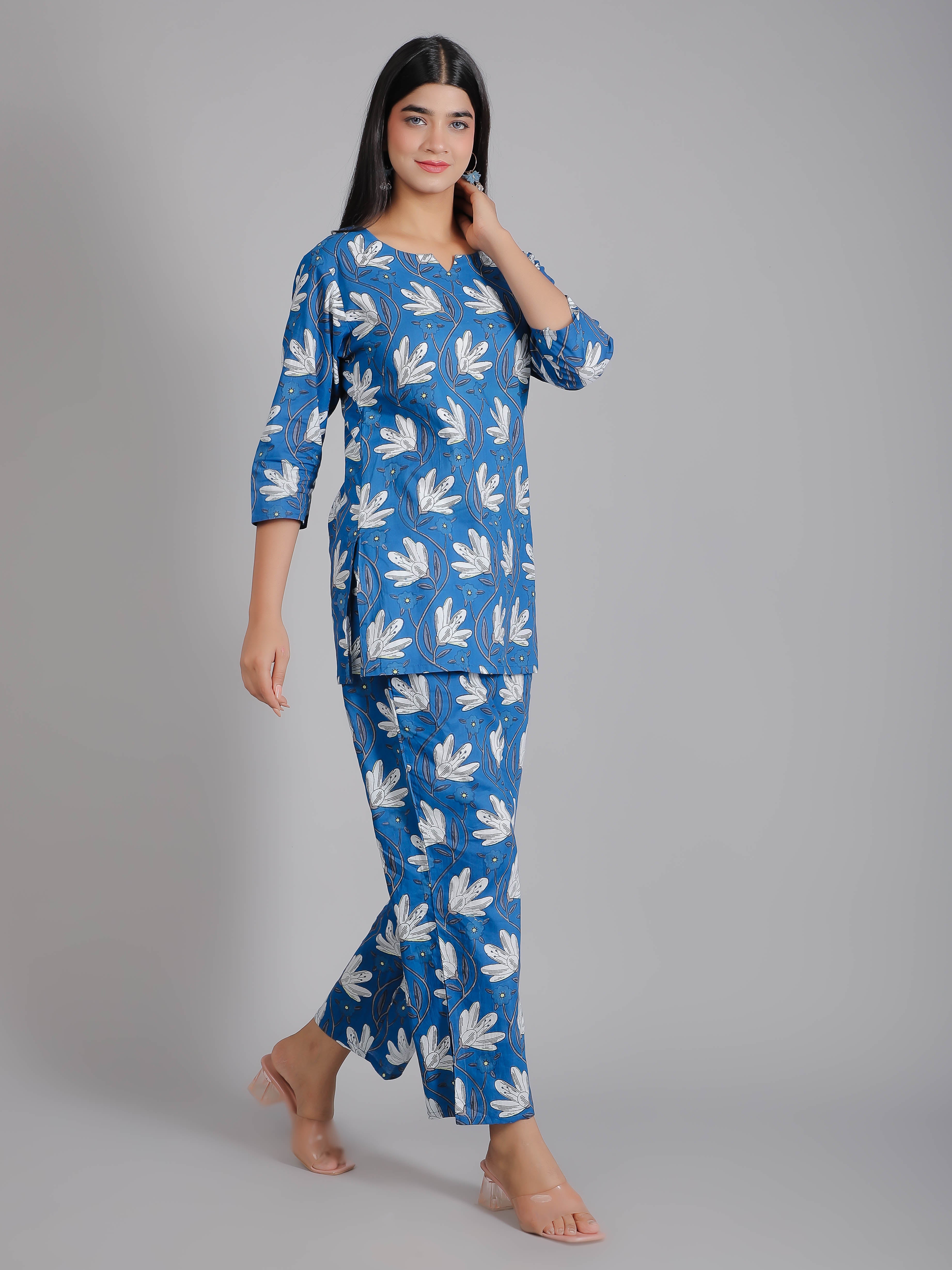 White Floral Motifs on Blue Cotton Lounge Set for Women