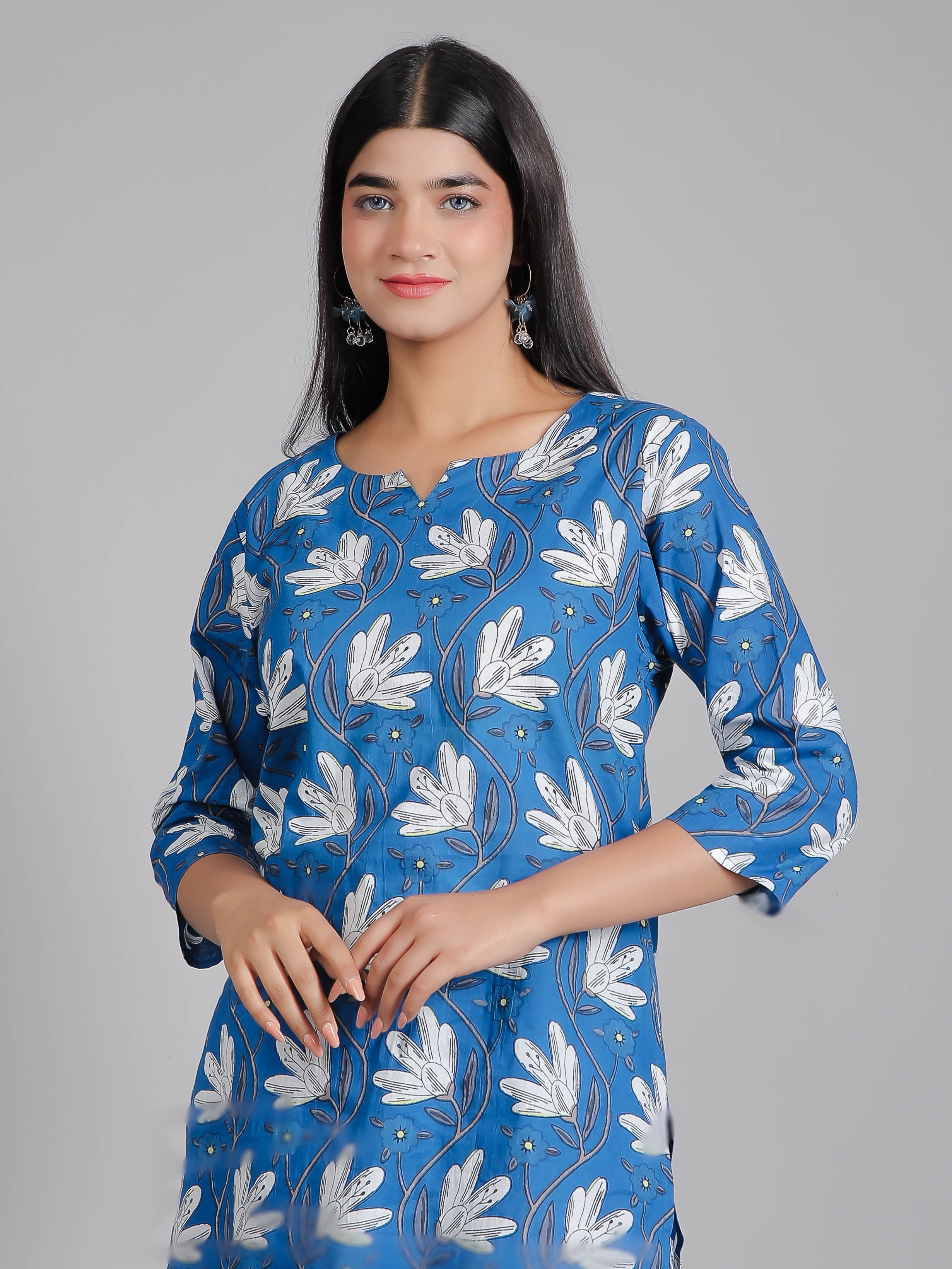 White Floral Motifs on Blue Cotton Lounge Set for Women