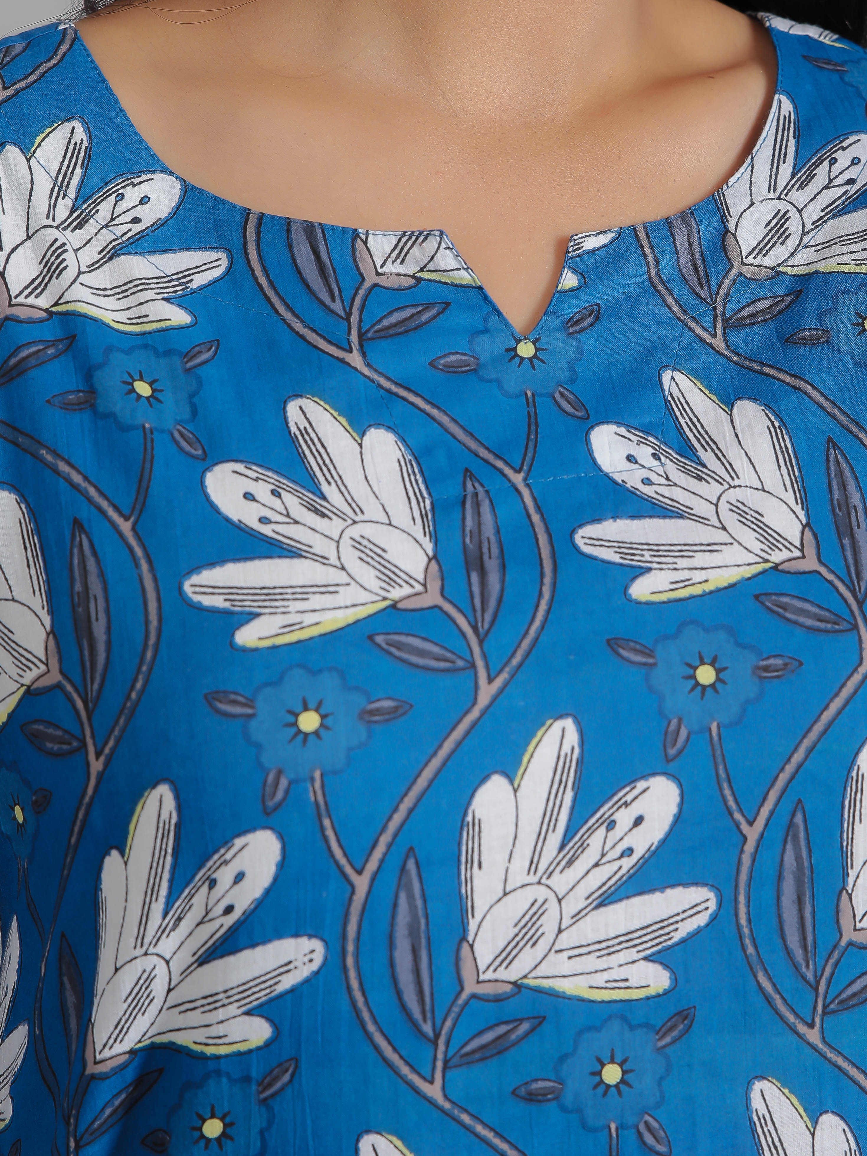 White Floral Motifs on Blue Cotton Lounge Set for Women