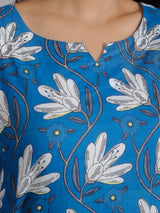 White Floral Motifs on Blue Cotton Lounge Set for Women