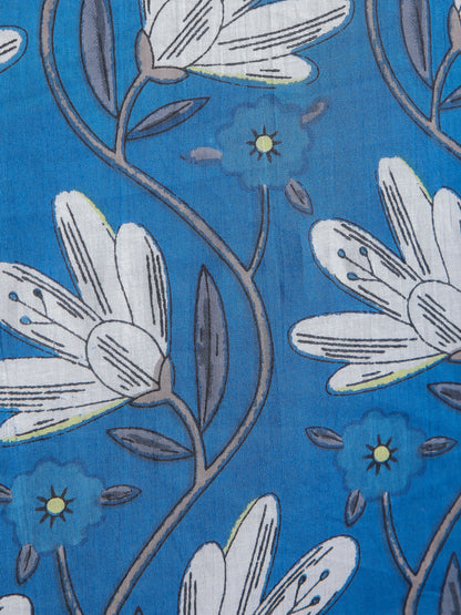 White Floral Motifs on Blue Cotton Lounge Set for Women