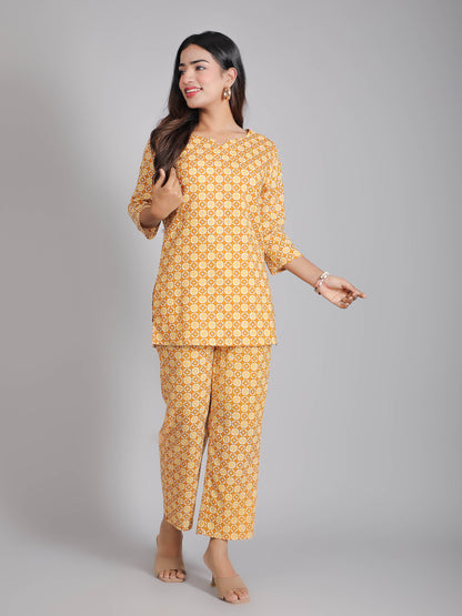 Yellow & Brown Cotton Lounge Set for Women