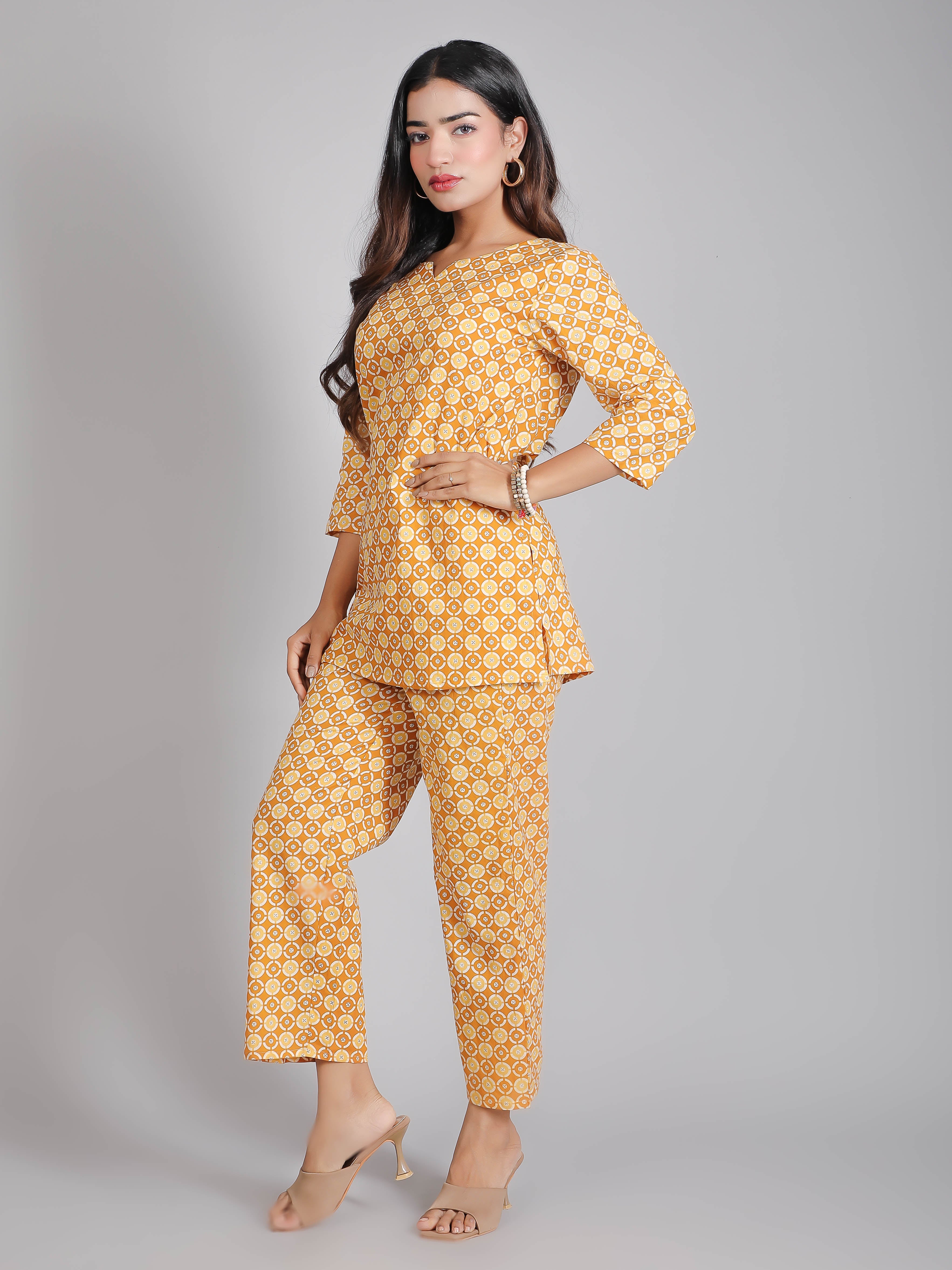 Yellow & Brown Cotton Lounge Set for Women