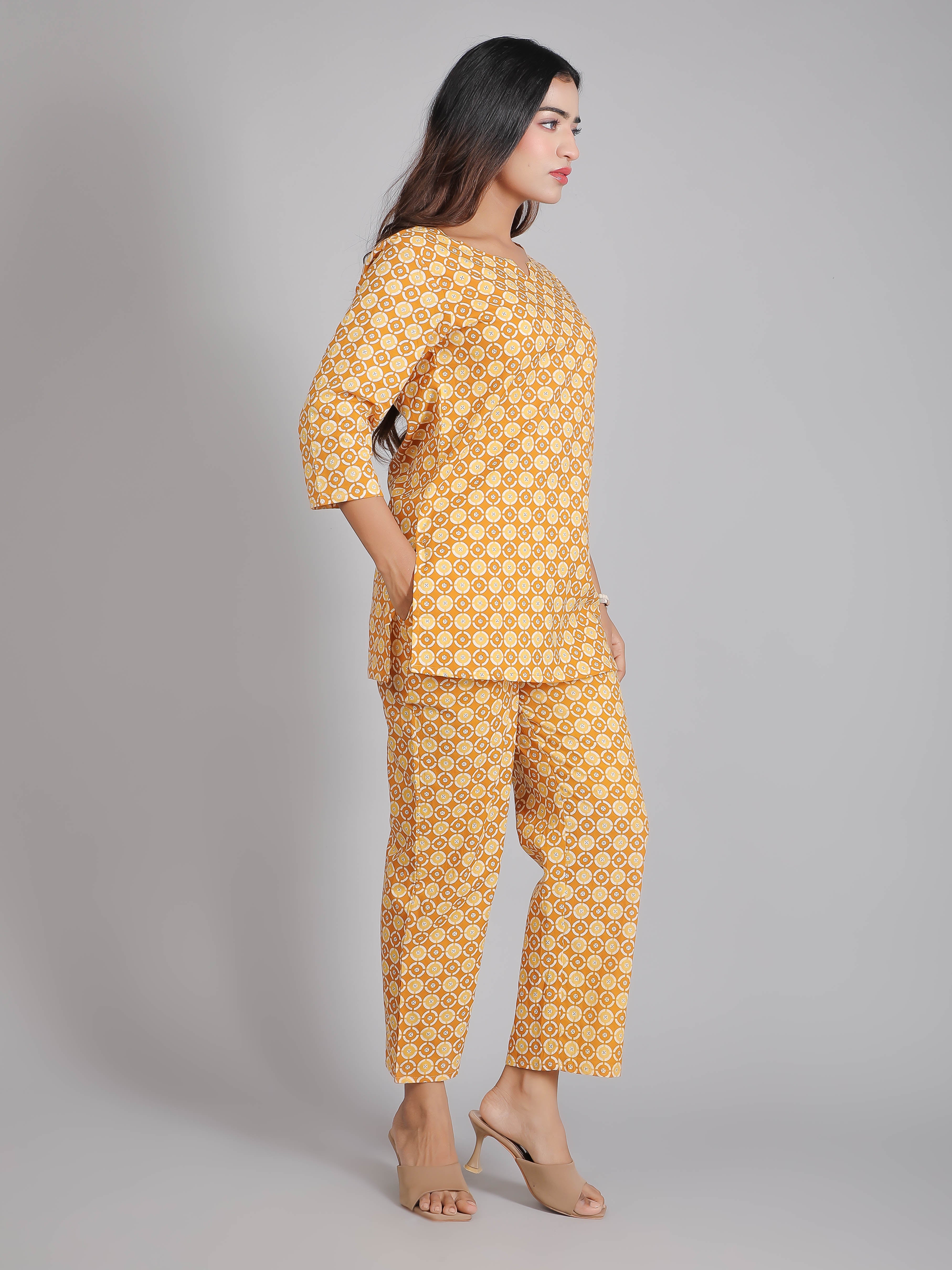 Yellow & Brown Cotton Lounge Set for Women