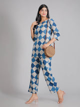 Blue Geometric Motifs on White Cotton Lounge Set for Women