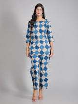 Blue Geometric Motifs on White Cotton Lounge Set for Women