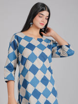 Blue Geometric Motifs on White Cotton Lounge Set for Women