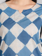 Blue Geometric Motifs on White Cotton Lounge Set for Women