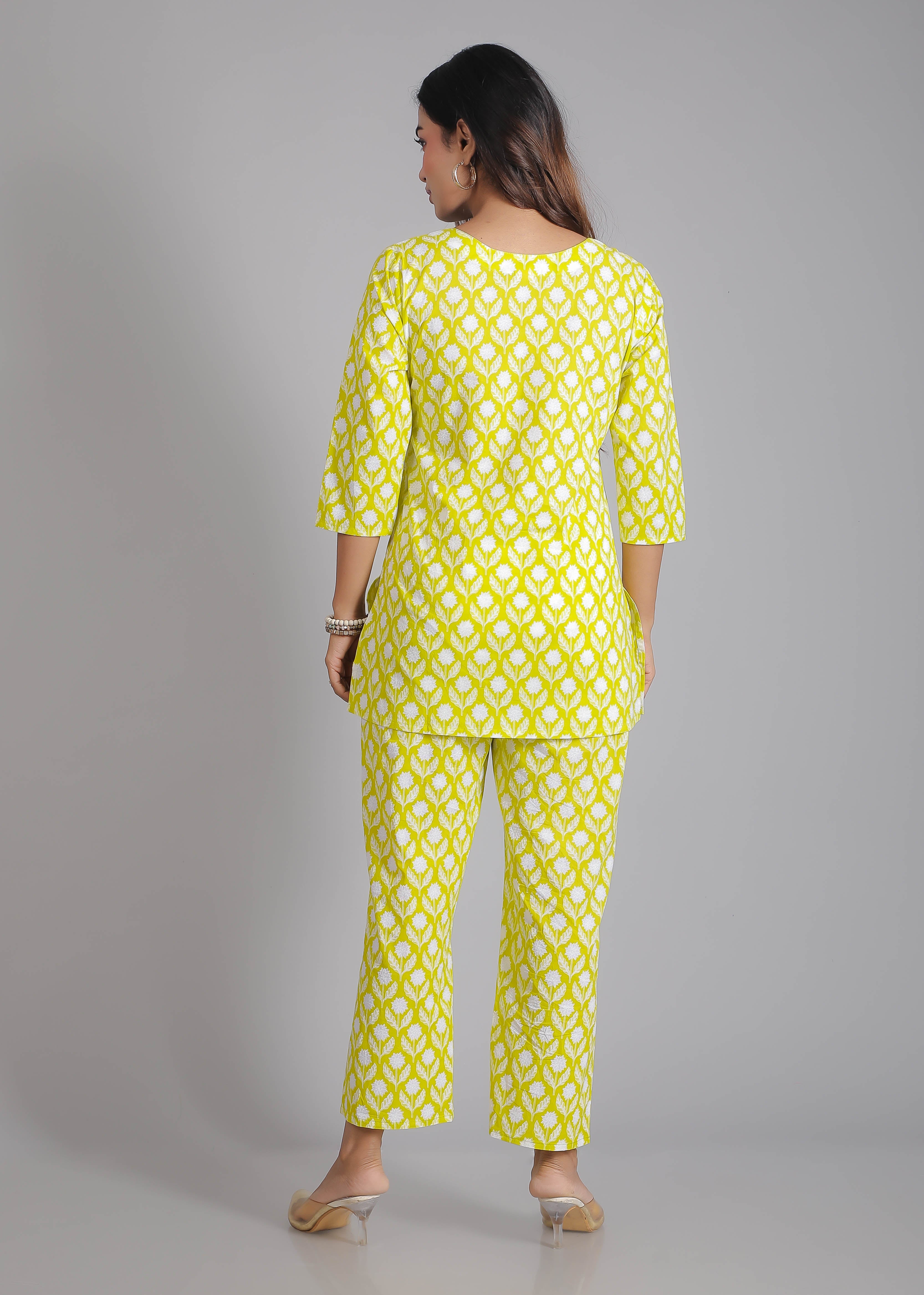 White motifs on Green Cotton Lounge Set for Women