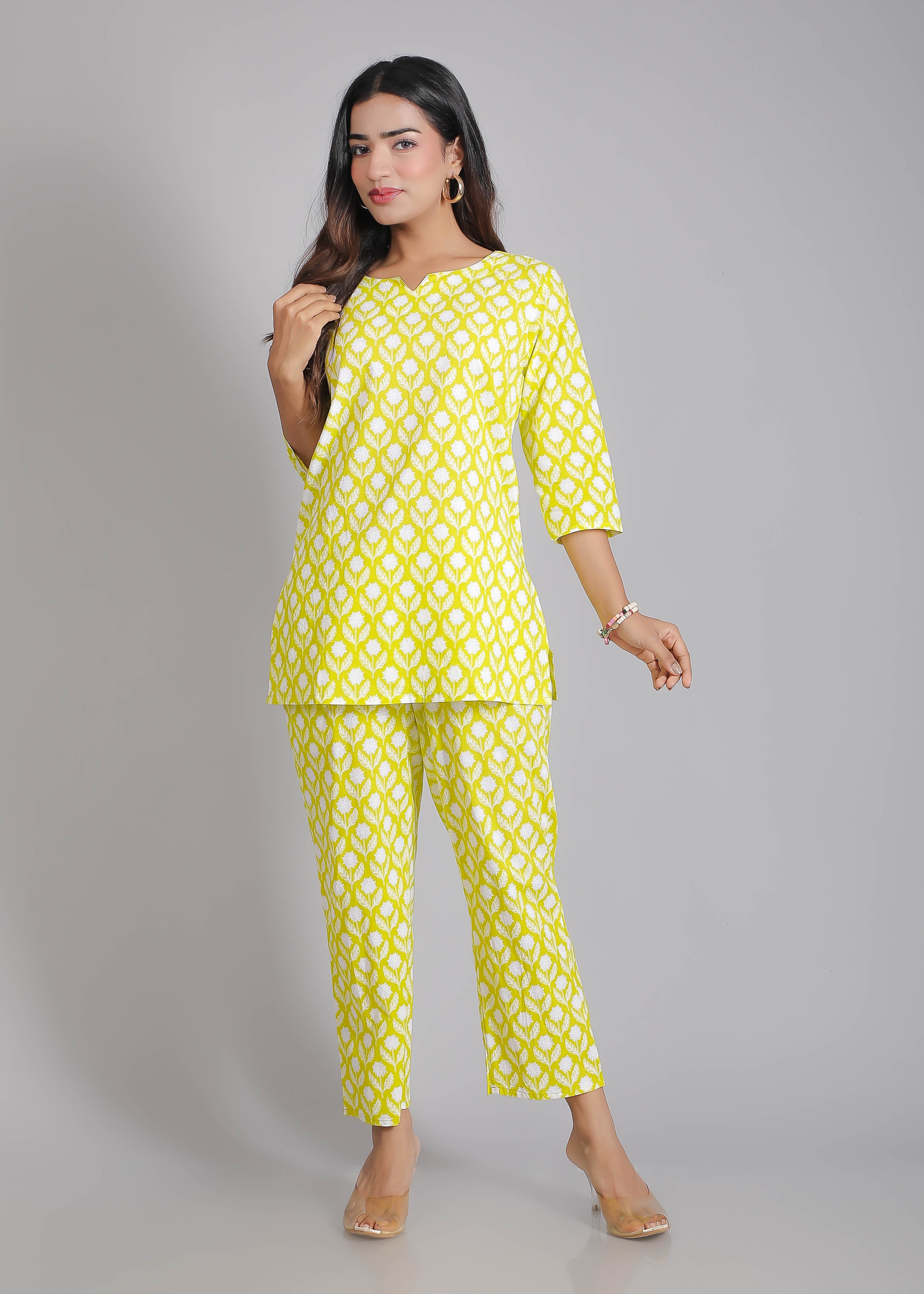 White motifs on Green Cotton Lounge Set for Women