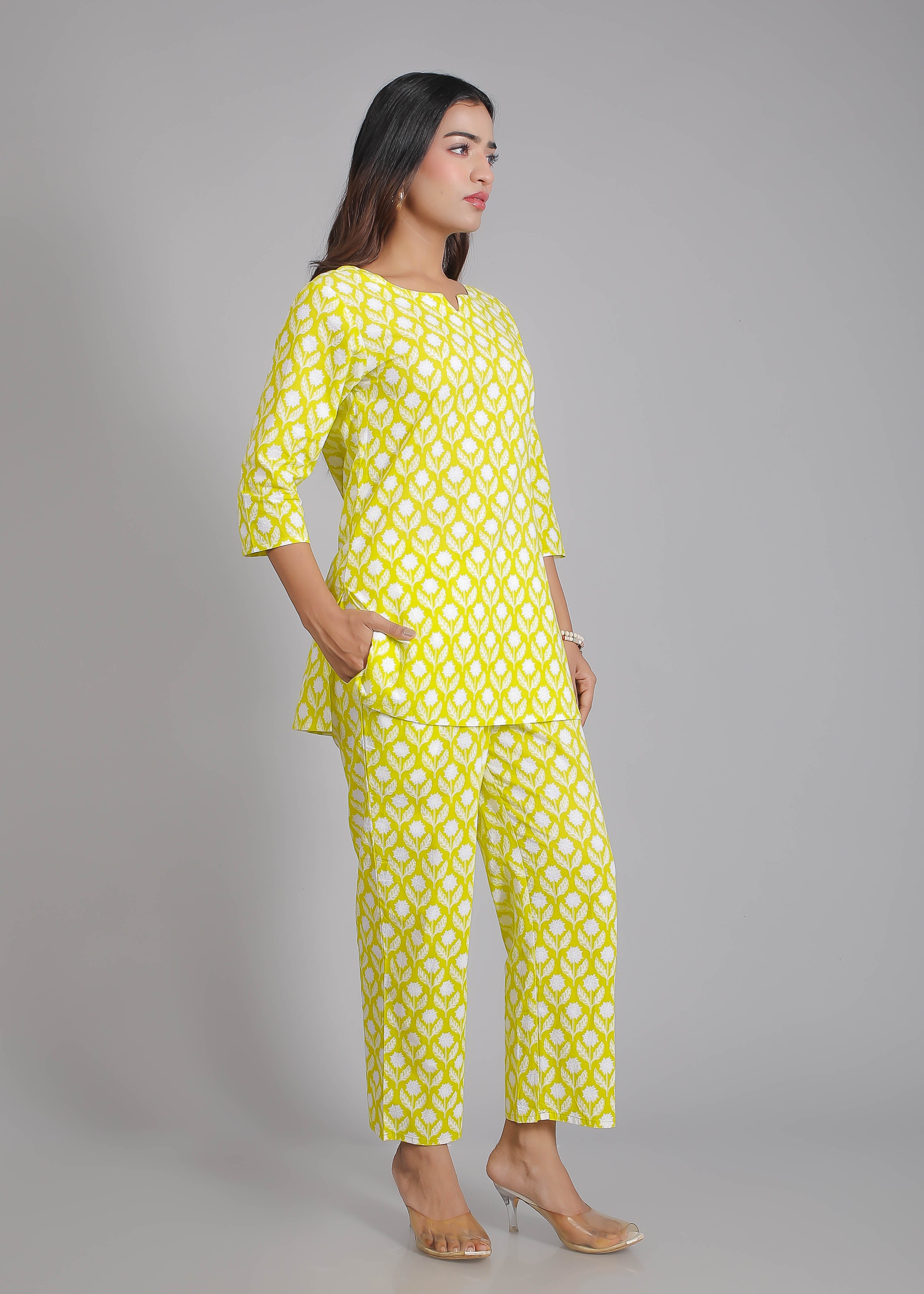 White motifs on Green Cotton Lounge Set for Women