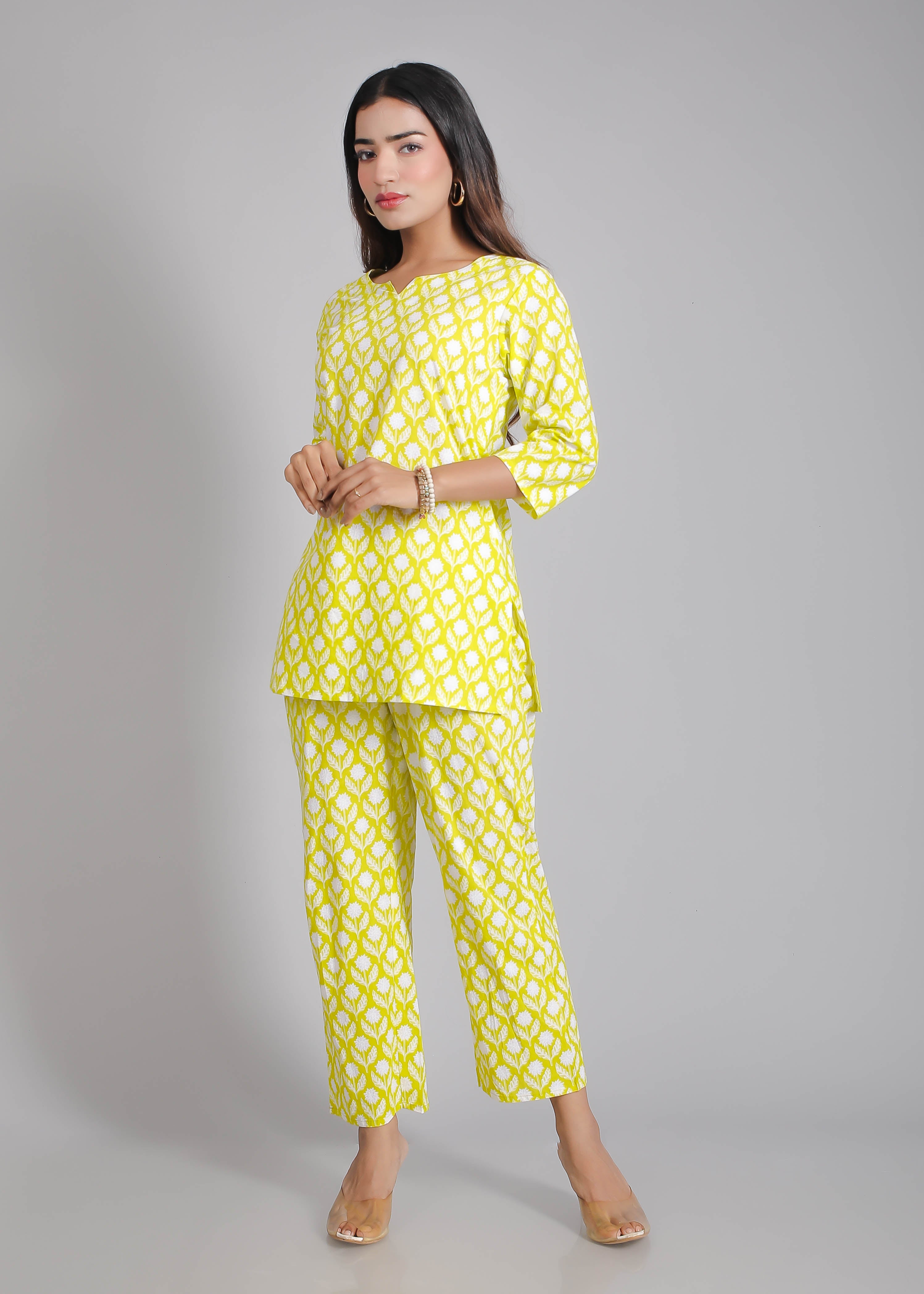 White motifs on Green Cotton Lounge Set for Women