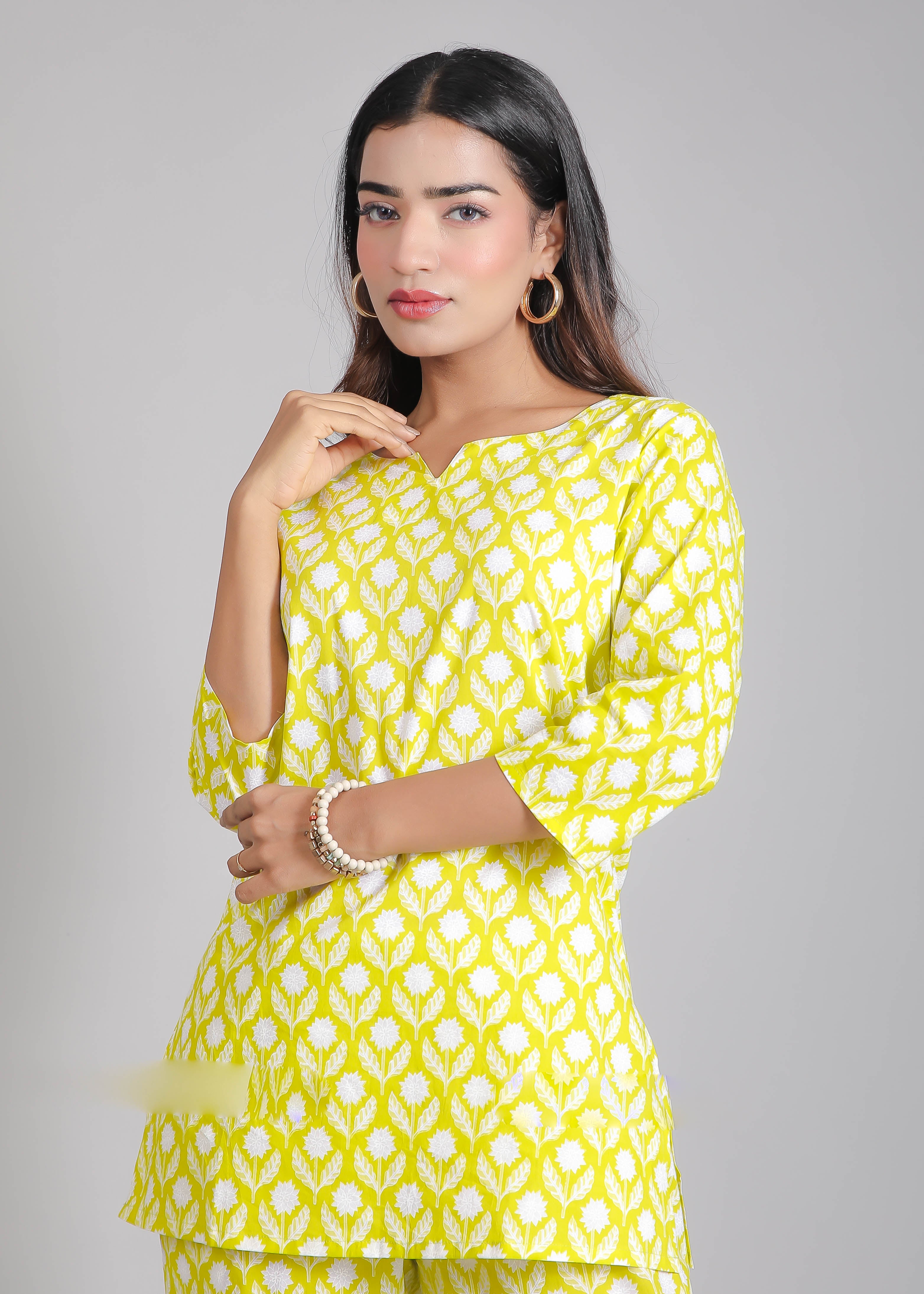 White motifs on Green Cotton Lounge Set for Women