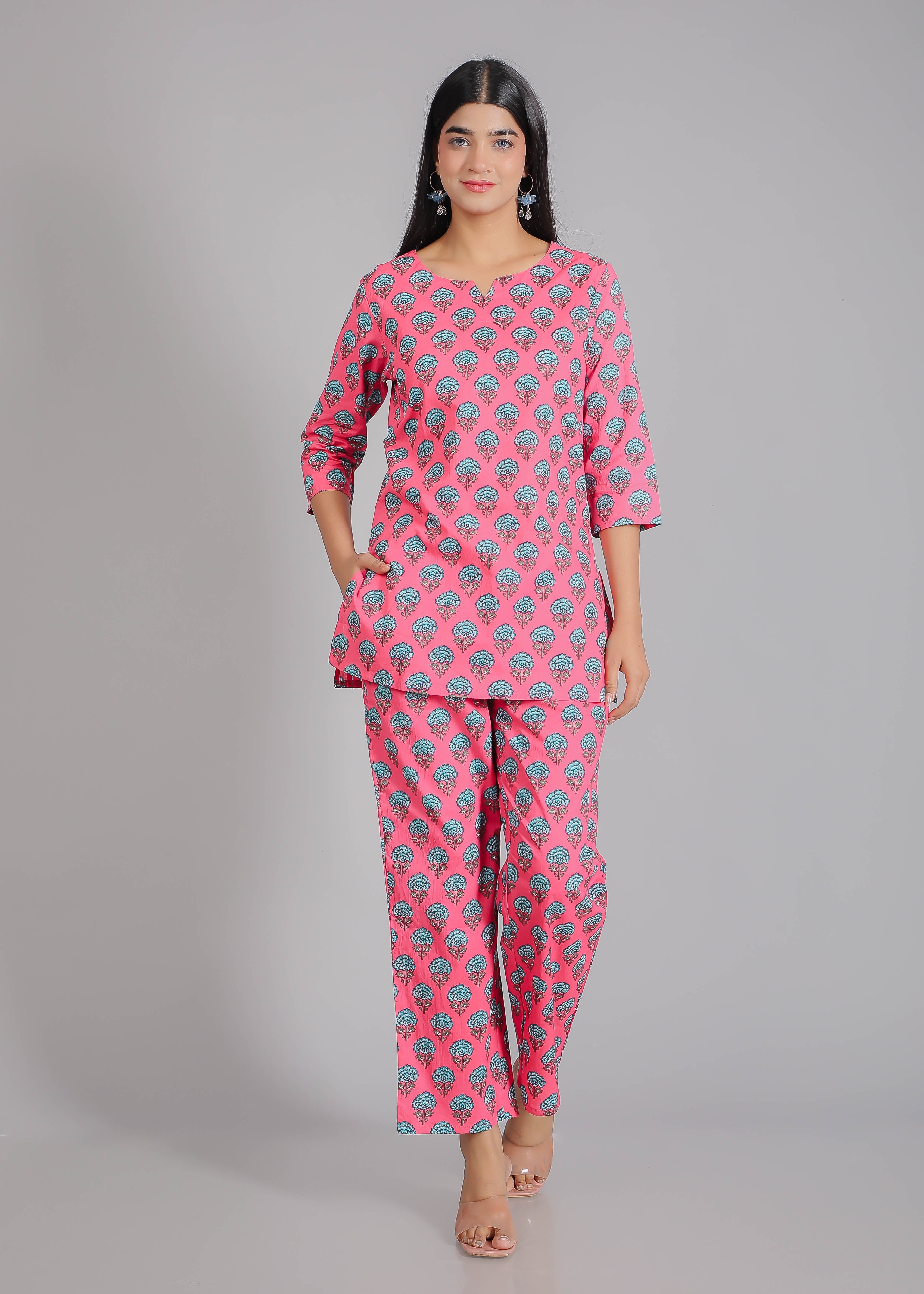 Blue Floral Motifs on Pink Cotton Lounge Set for Women
