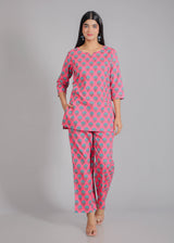 Blue Floral Motifs on Pink Cotton Lounge Set for Women