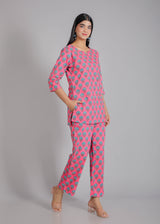 Blue Floral Motifs on Pink Cotton Lounge Set for Women
