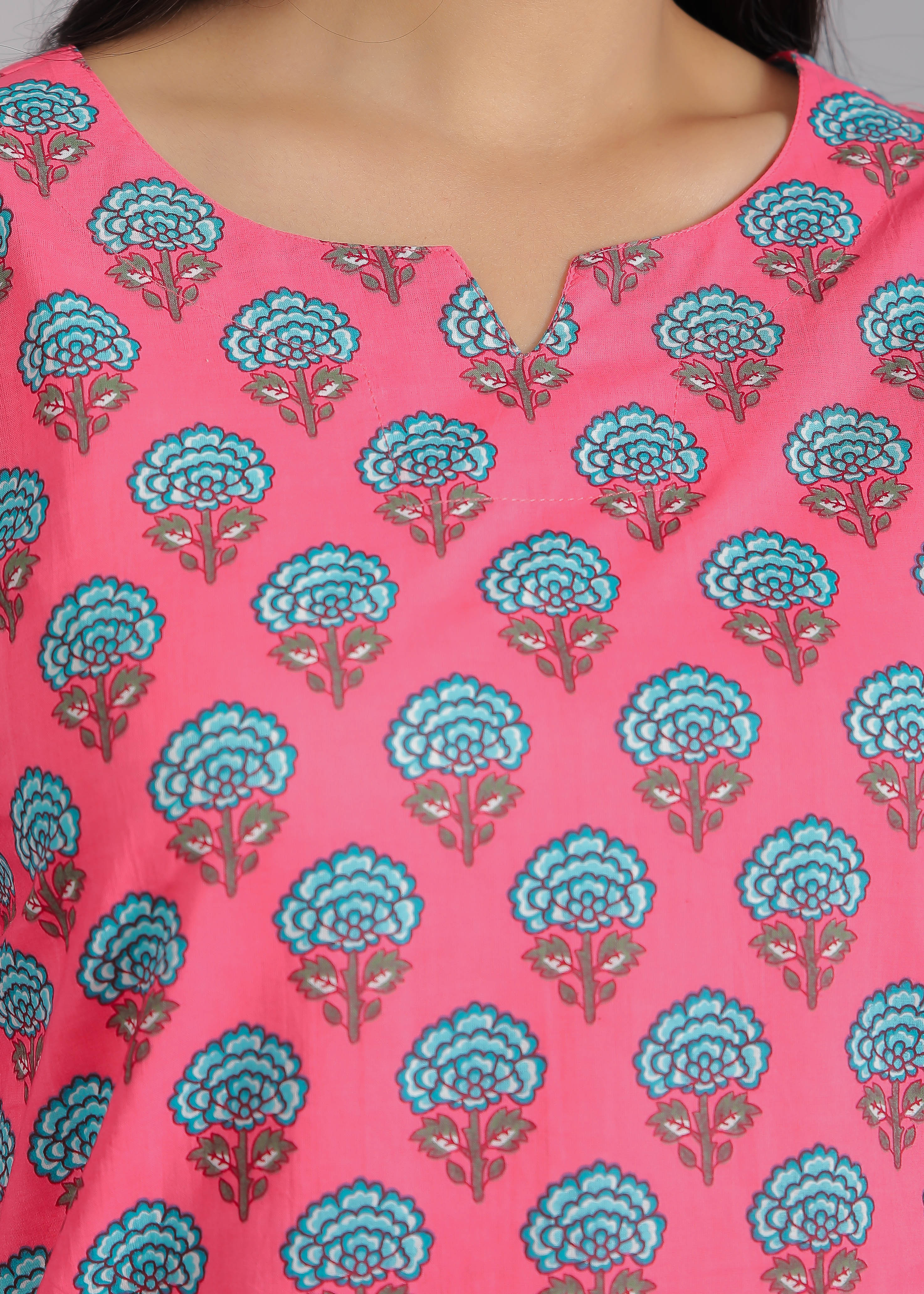 Blue Floral Motifs on Pink Cotton Lounge Set for Women
