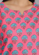 Blue Floral Motifs on Pink Cotton Lounge Set for Women