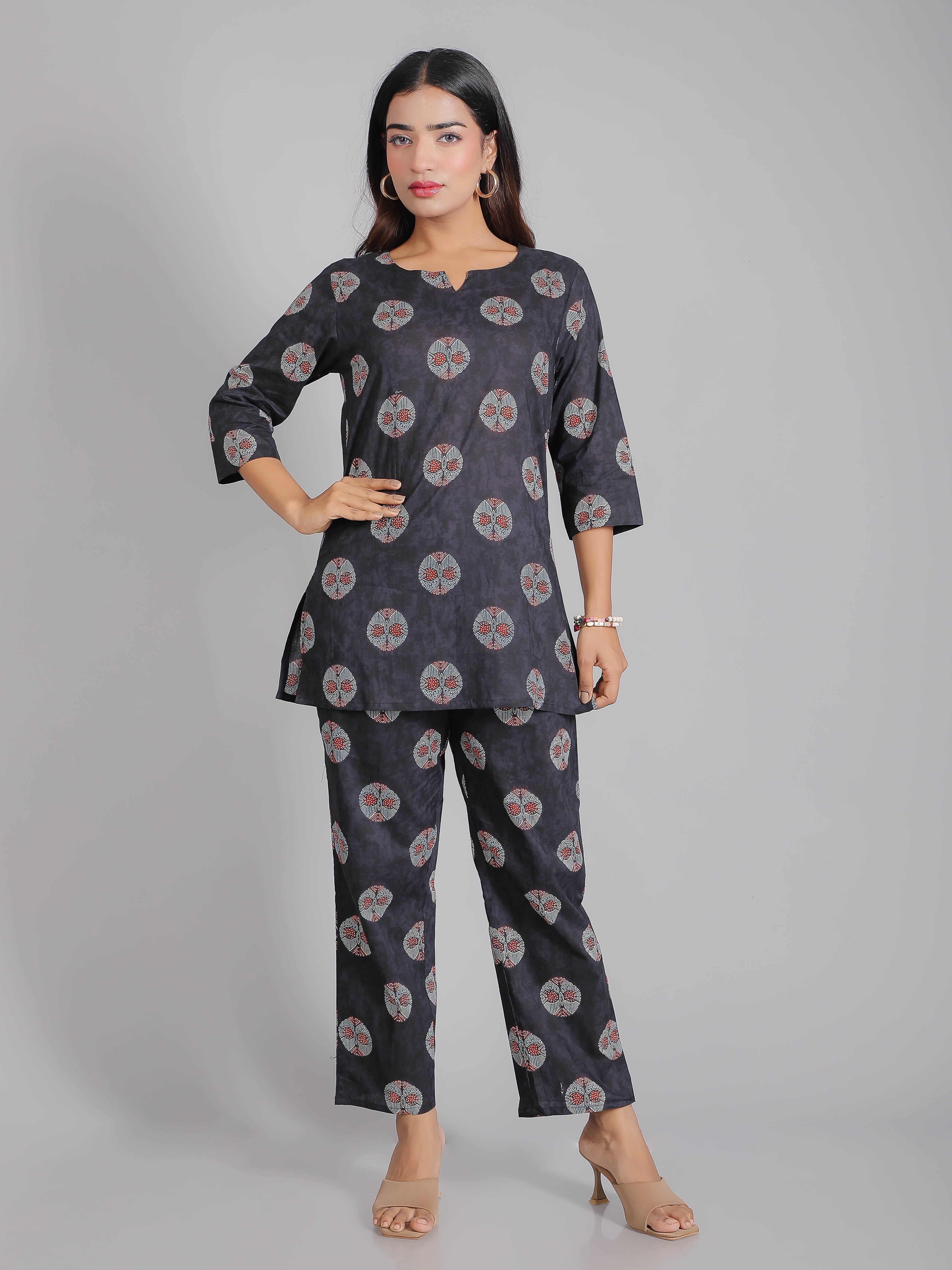 Blue motifs on Purple Cotton Lounge Set for Women
