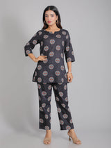 Blue motifs on Purple Cotton Lounge Set for Women