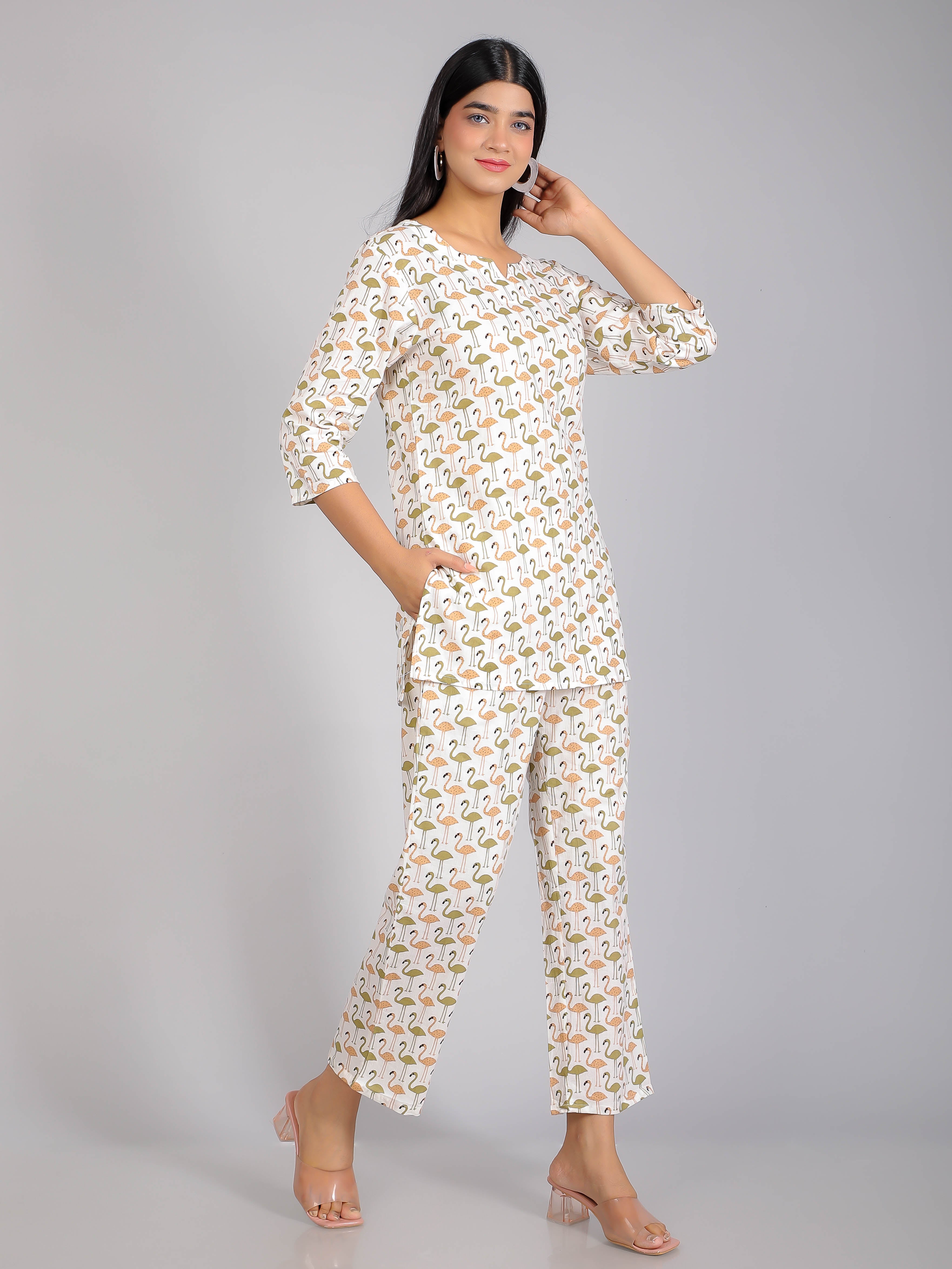 Flamingo Print on White Cotton Lounge Set for Women