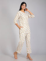 Flamingo Print on White Cotton Lounge Set for Women