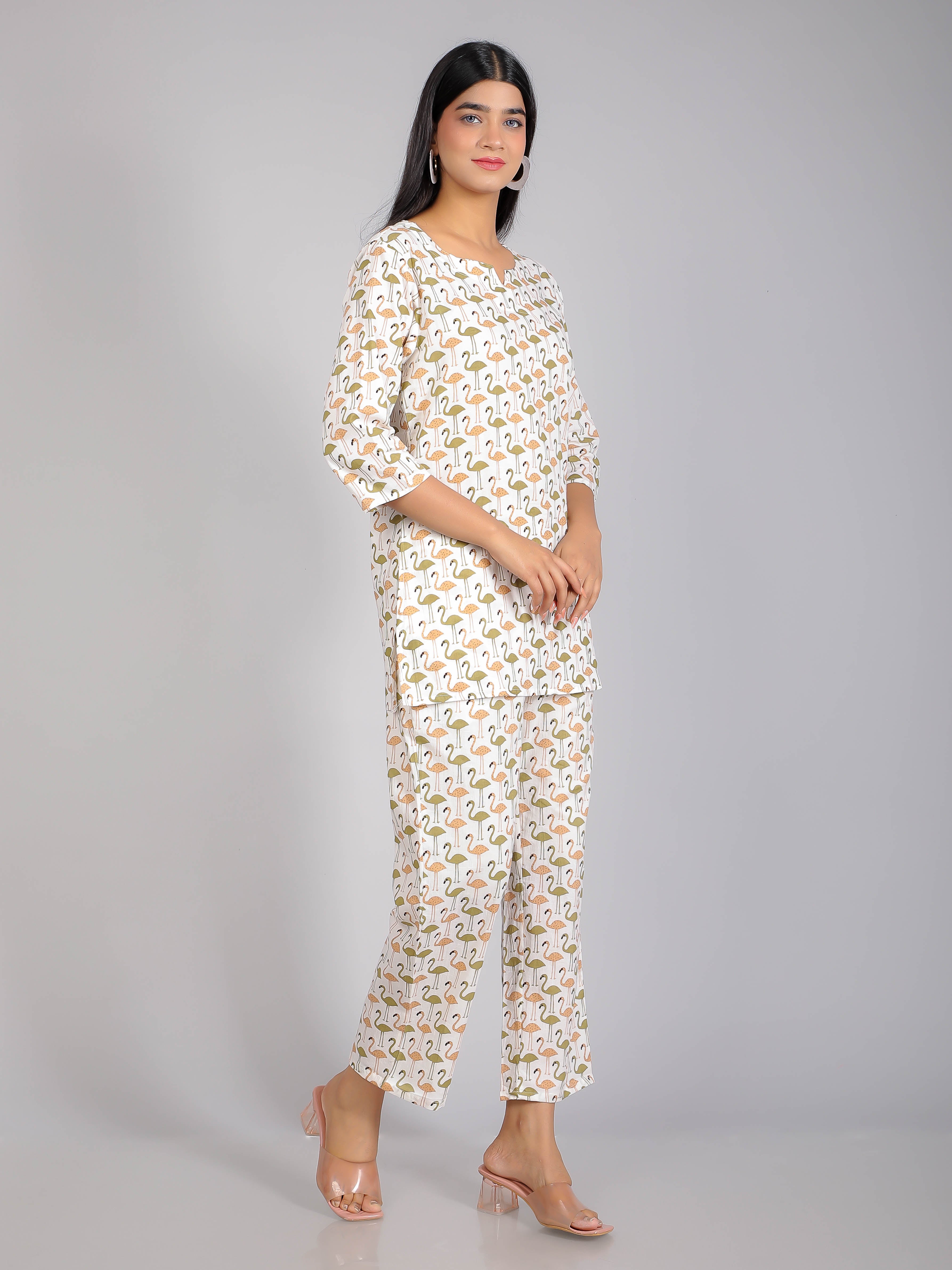 Flamingo Print on White Cotton Lounge Set for Women