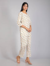 Flamingo Print on White Cotton Lounge Set for Women