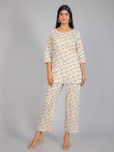 Flamingo Print on White Cotton Lounge Set for Women
