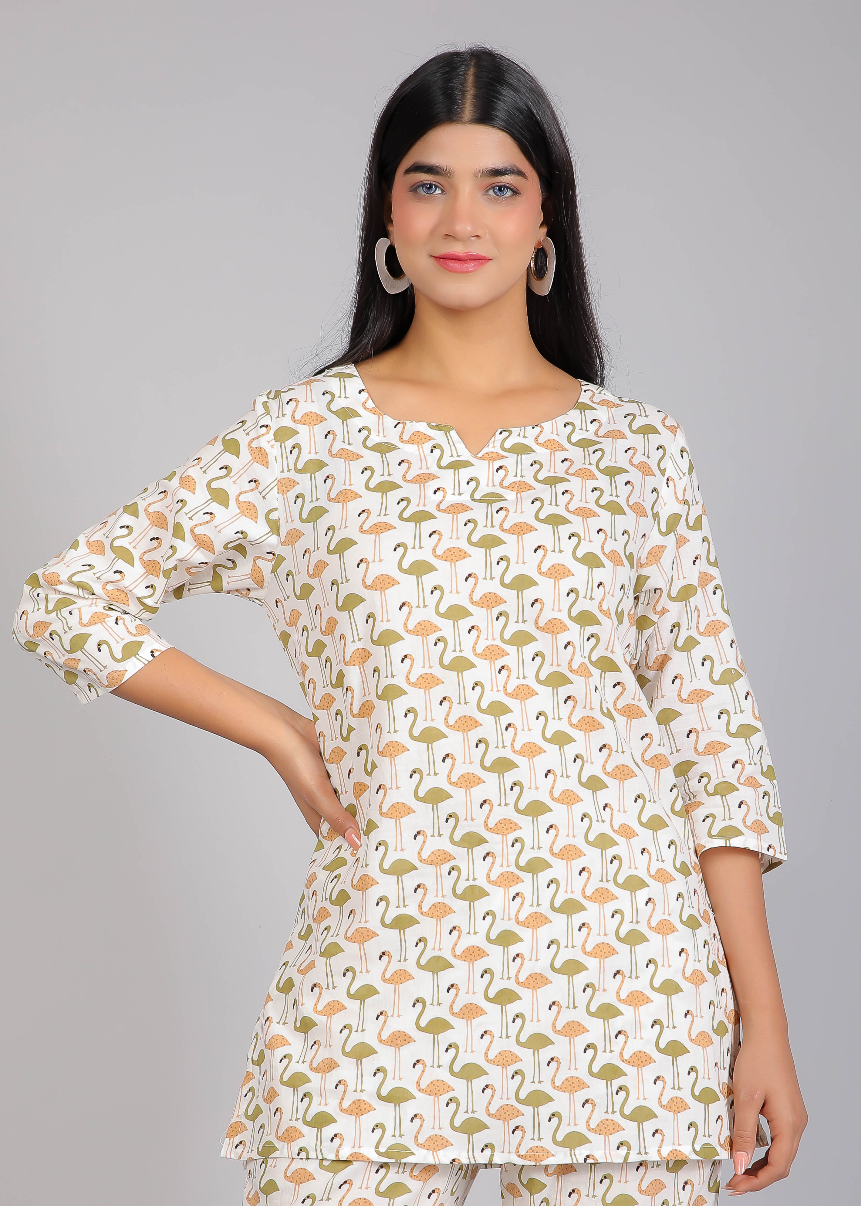 Flamingo Print on White Cotton Lounge Set for Women