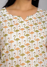 Flamingo Print on White Cotton Lounge Set for Women