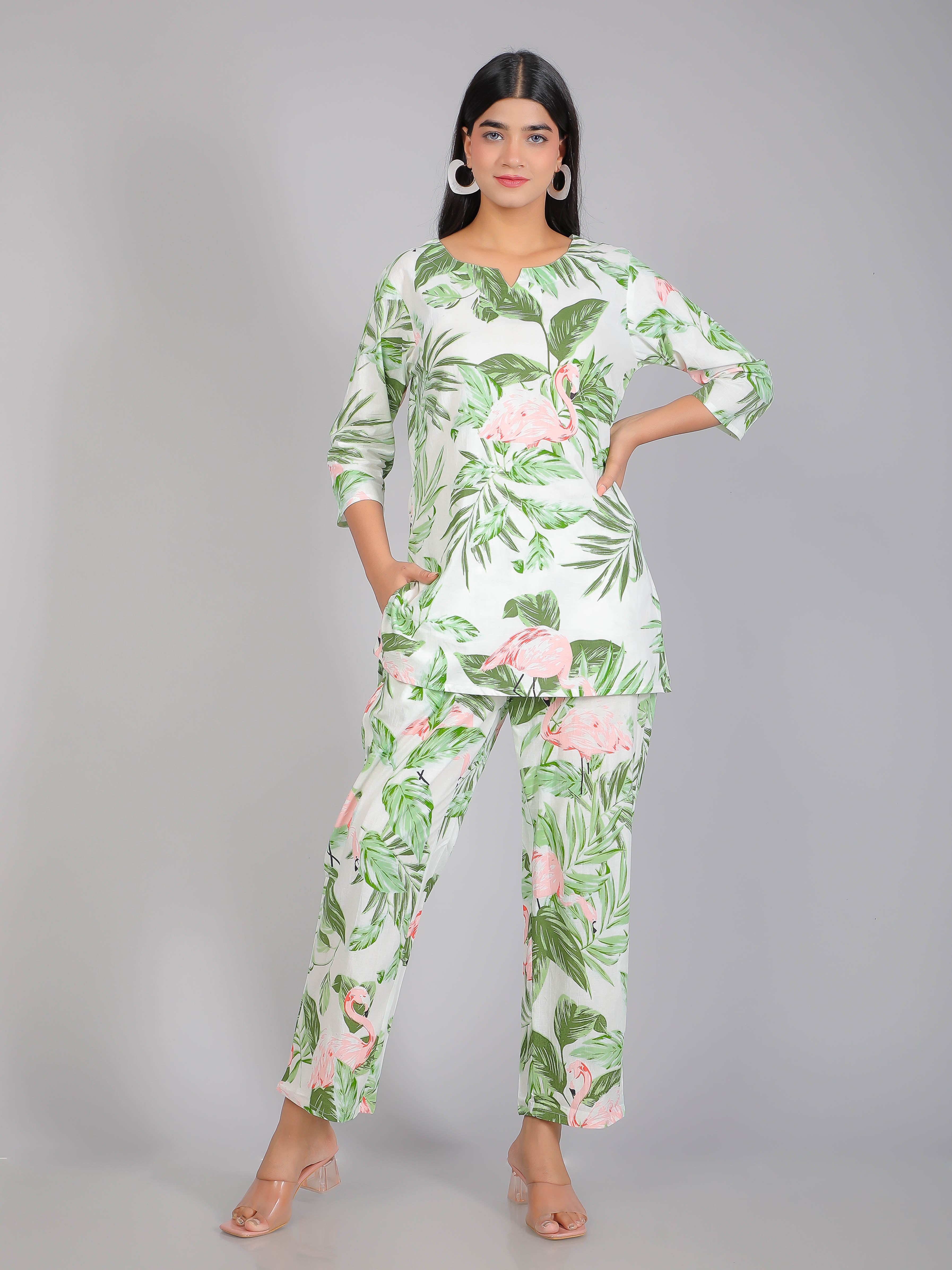 Green Tropical Floral & Flamingo Motifs on White Cotton Lounge Set for Women