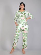 Green Tropical Floral & Flamingo Motifs on White Cotton Lounge Set for Women
