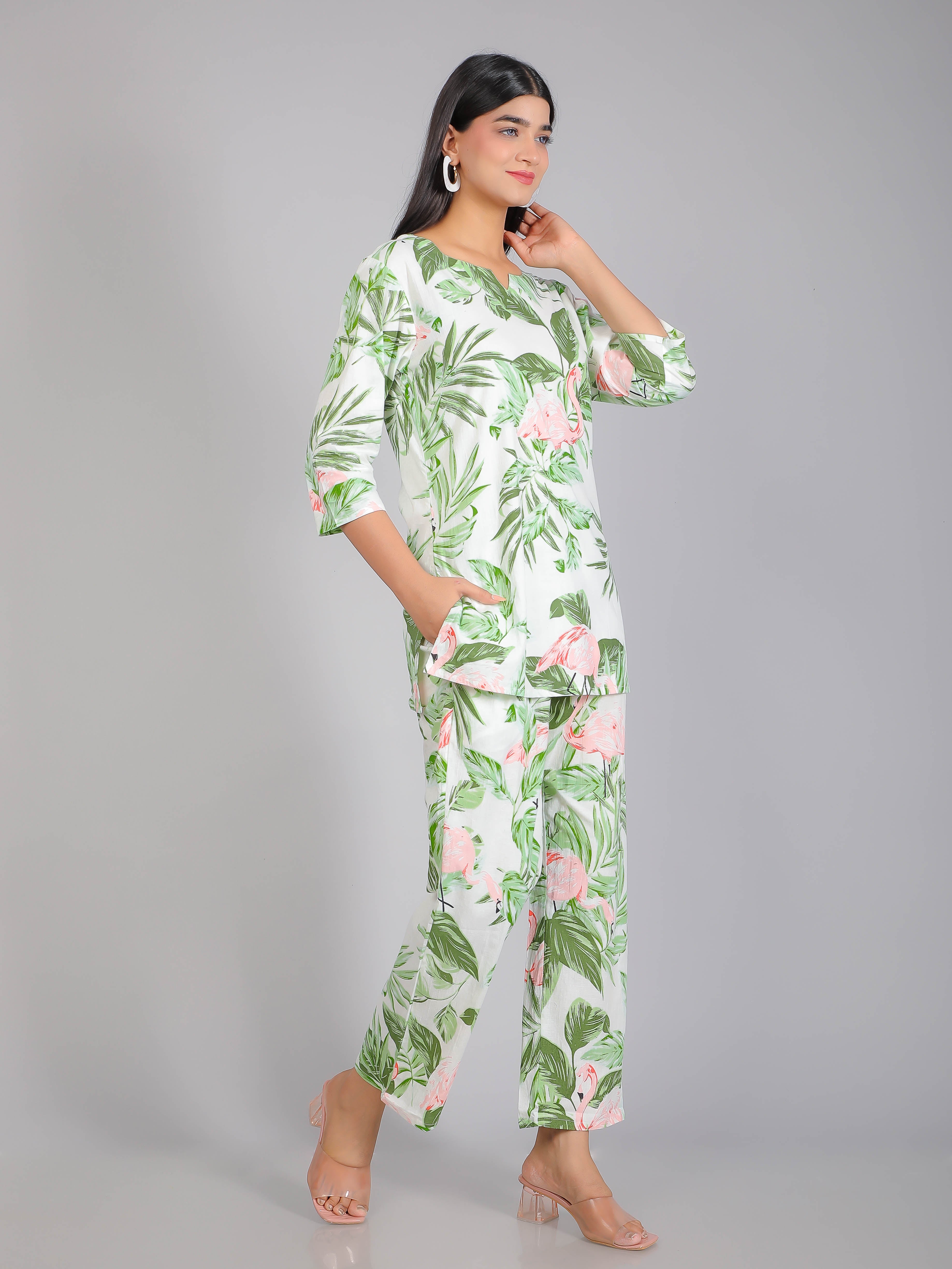 Green Tropical Floral & Flamingo Motifs on White Cotton Lounge Set for Women