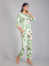 Green Tropical Floral & Flamingo Motifs on White Cotton Lounge Set for Women
