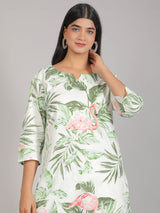 Green Tropical Floral & Flamingo Motifs on White Cotton Lounge Set for Women