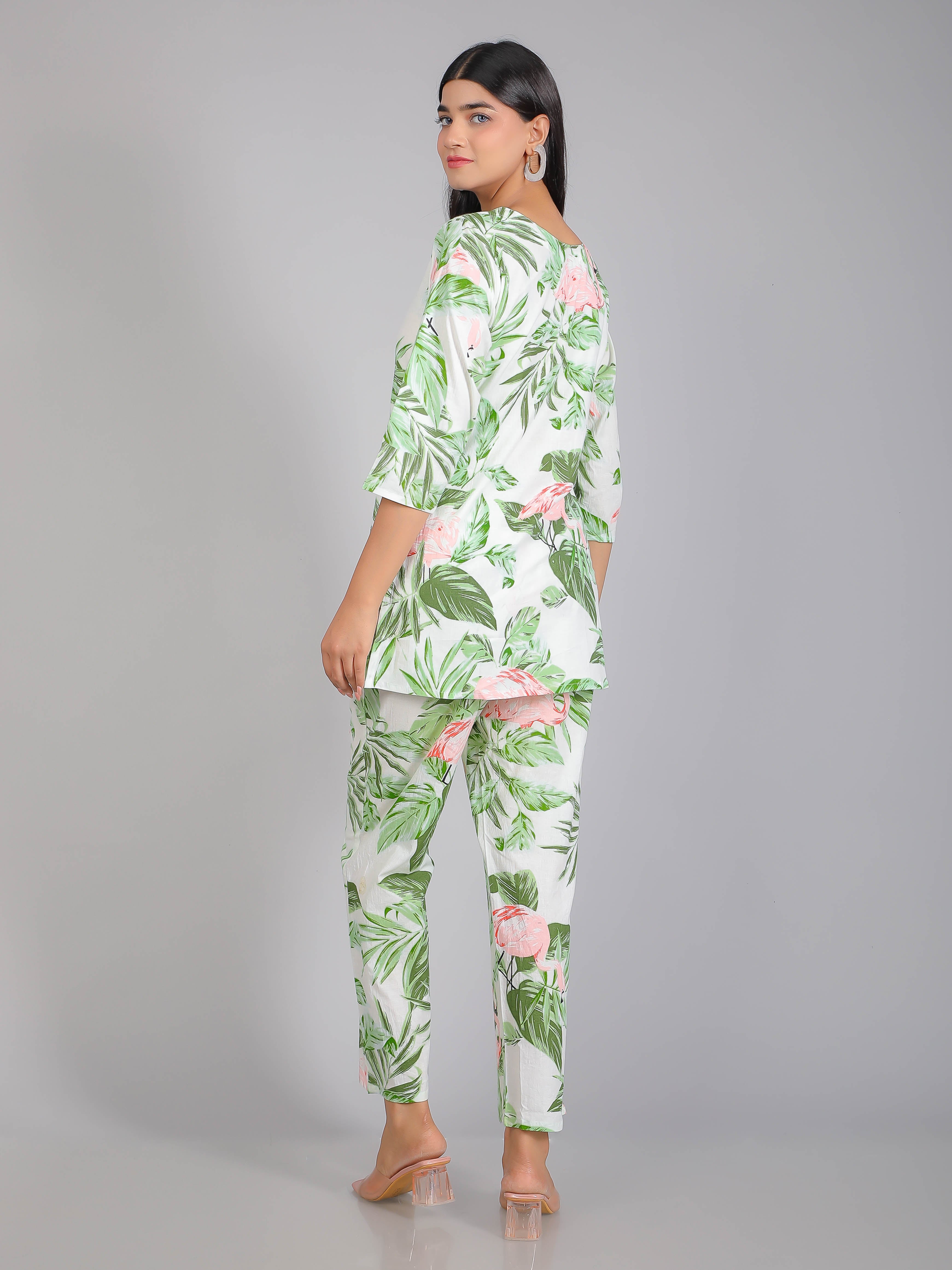 Green Tropical Floral & Flamingo Motifs on White Cotton Lounge Set for Women