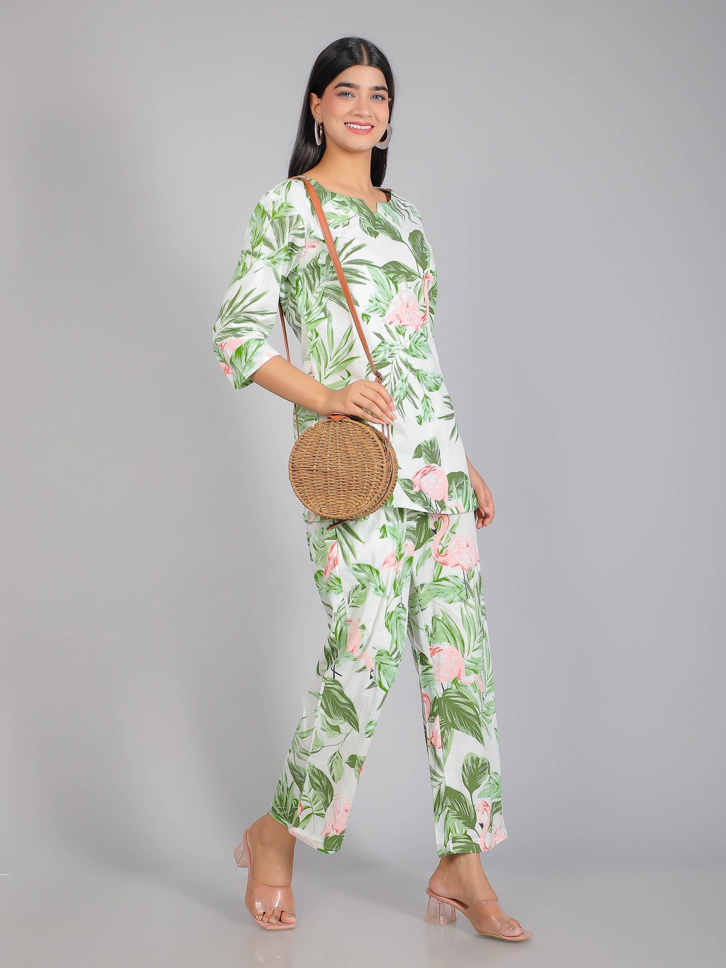 Green Tropical Floral & Flamingo Motifs on White Cotton Lounge Set for Women