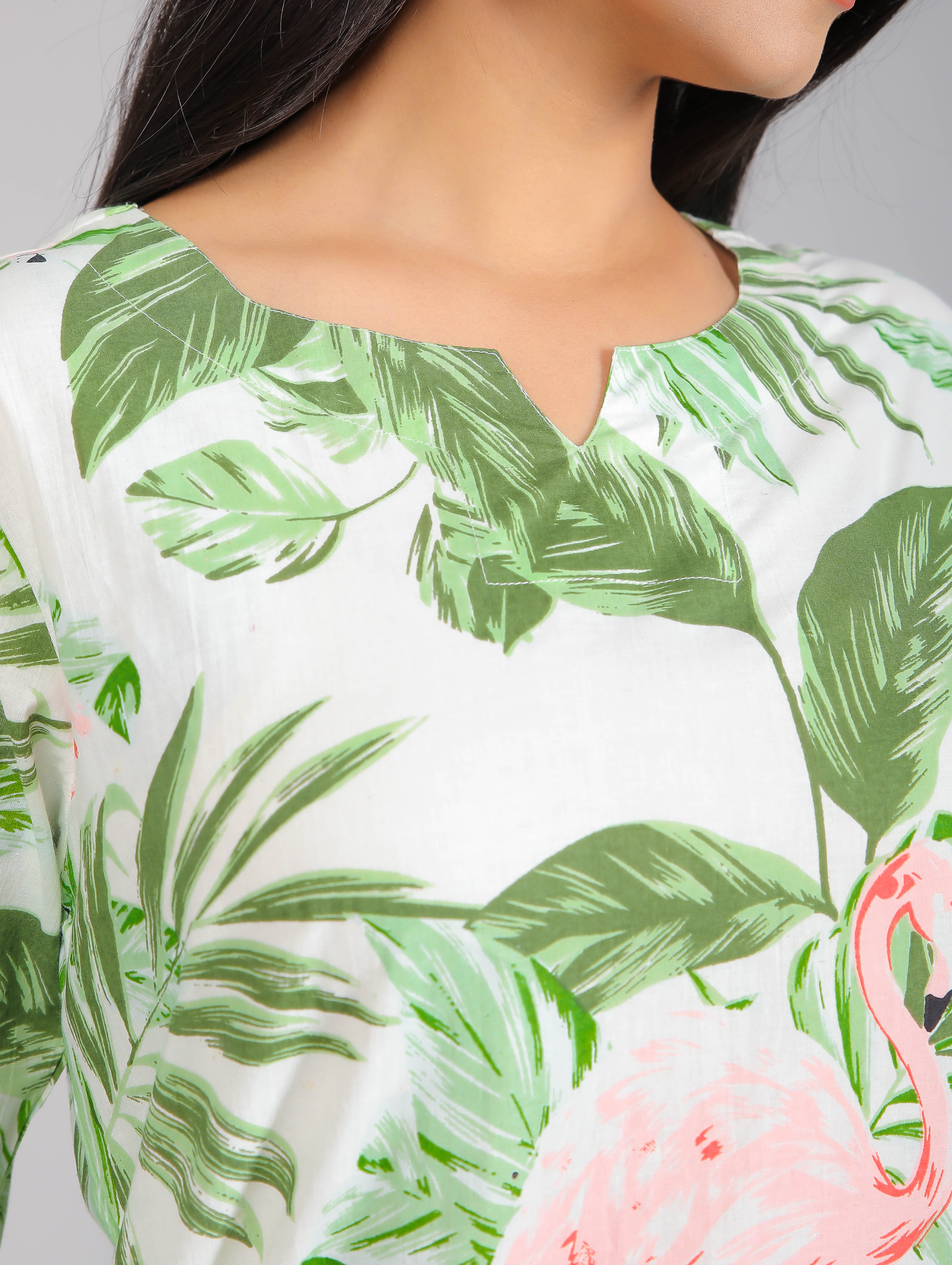 Green Tropical Floral & Flamingo Motifs on White Cotton Lounge Set for Women