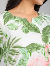 Green Tropical Floral & Flamingo Motifs on White Cotton Lounge Set for Women